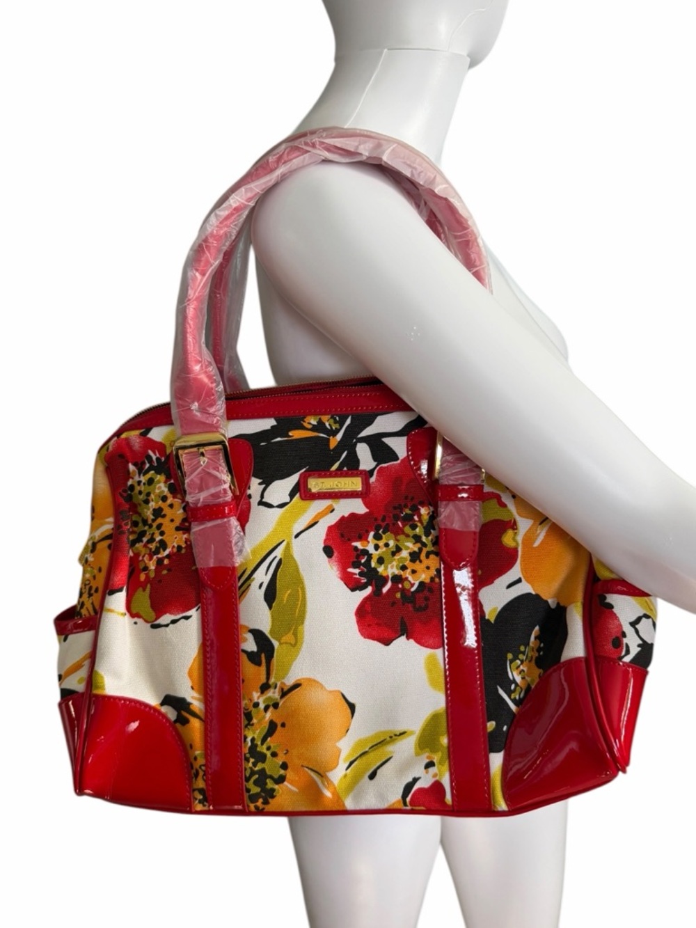 St. John Red Floral Shoulder Bag with Dust Bag New $250